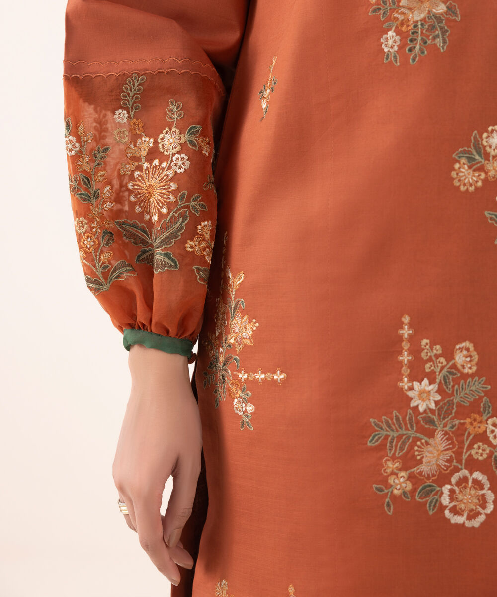 Women's Unstitched Cotton Embroidered Rust Two Piece Suit