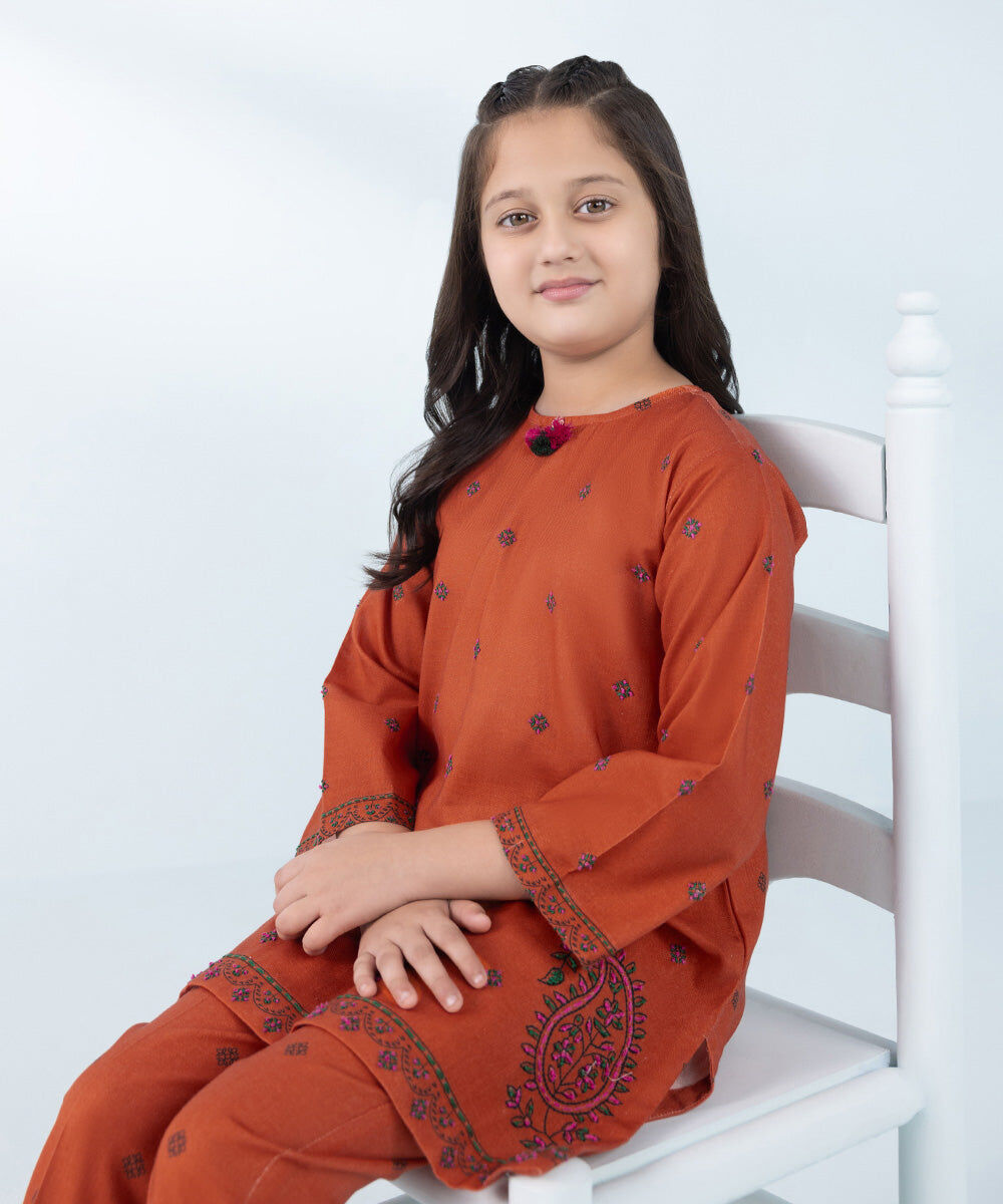 Kids East Girl's Orange 2 Piece Embroidered Khaddar Suit