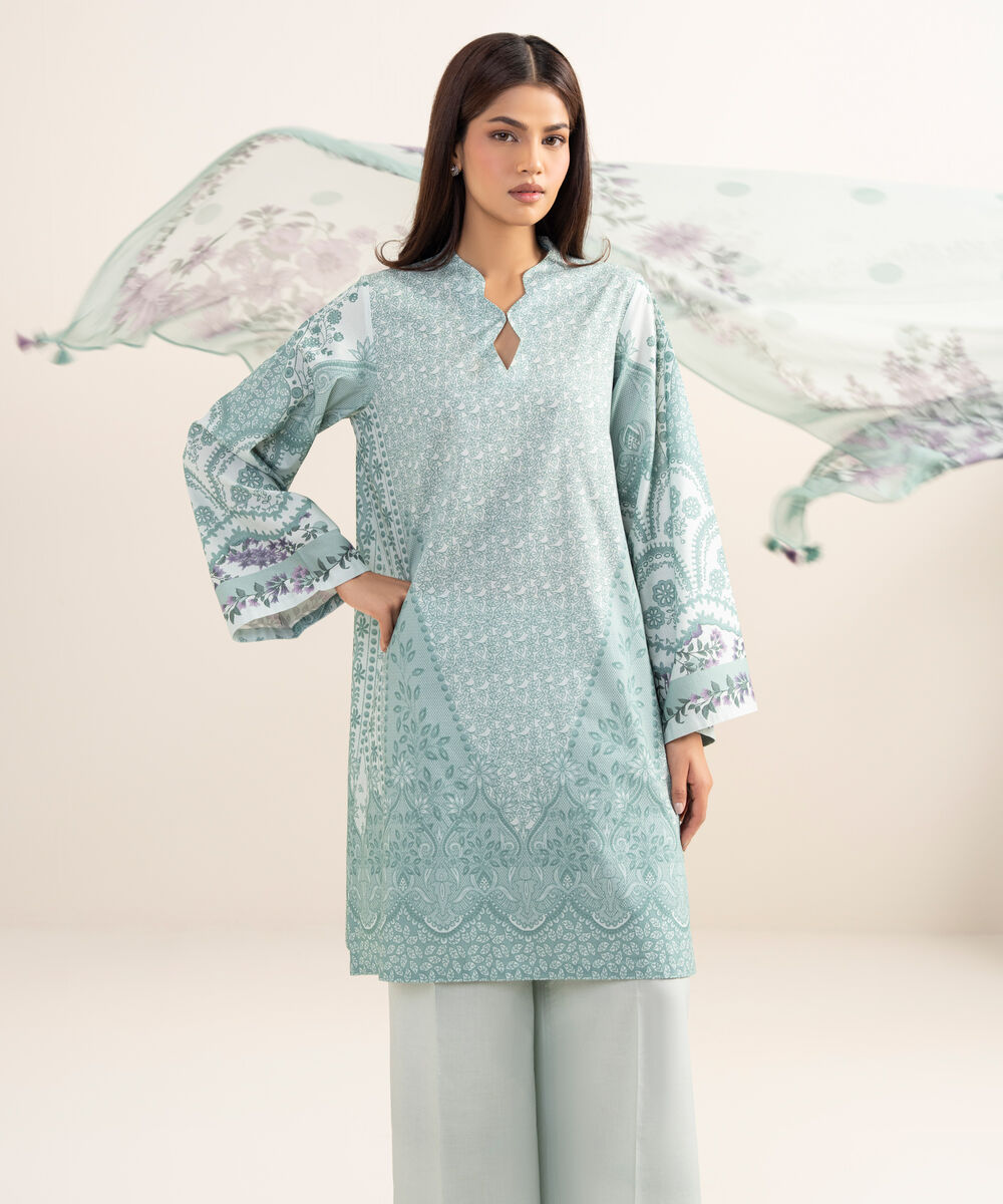 Women's Unstitched Lawn Printed Blue 3 Piece Suit