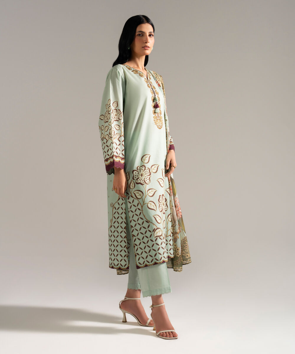 Women's RTW Slub Lawn Printed Green 3 Piece Suit