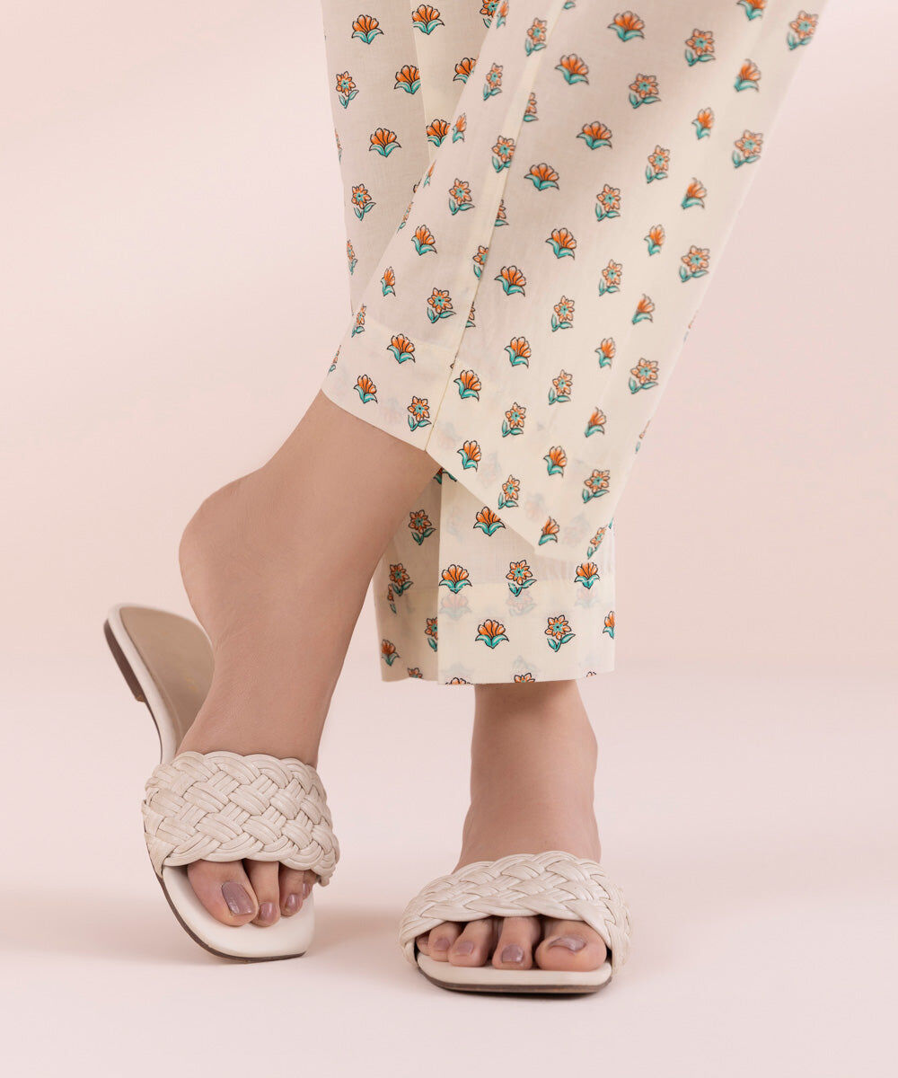 Woman - Off White Printed Cambric Straight Pants