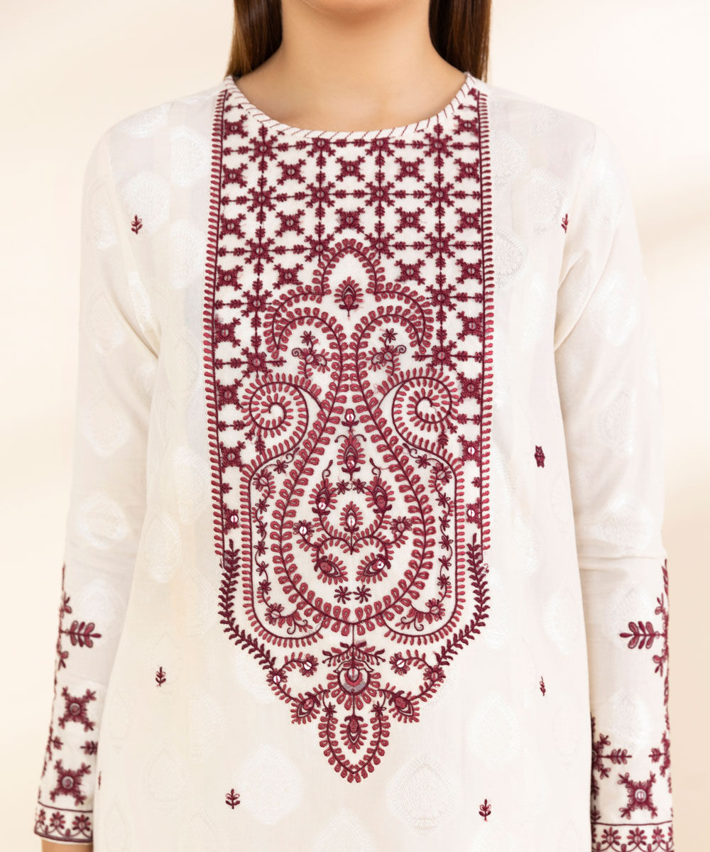 Women's Unstitched Off-White Extra Weft Jacquard, Jacquard 3 Piece Suit