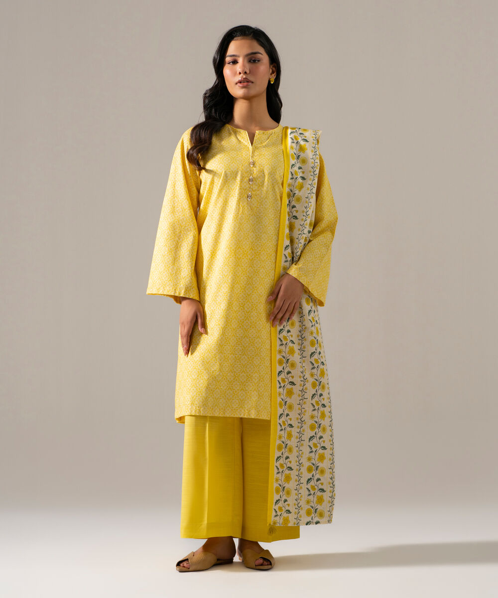 Women's RTW Khaddar Printed Pale Yellow Dupatta
