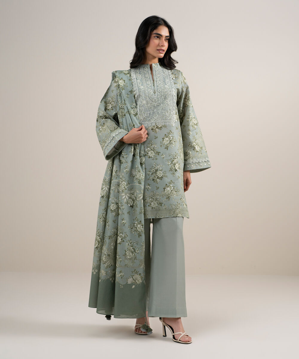 Women's Unstitched Lawn Embroidered Light Smoke Green 3 Piece Suit