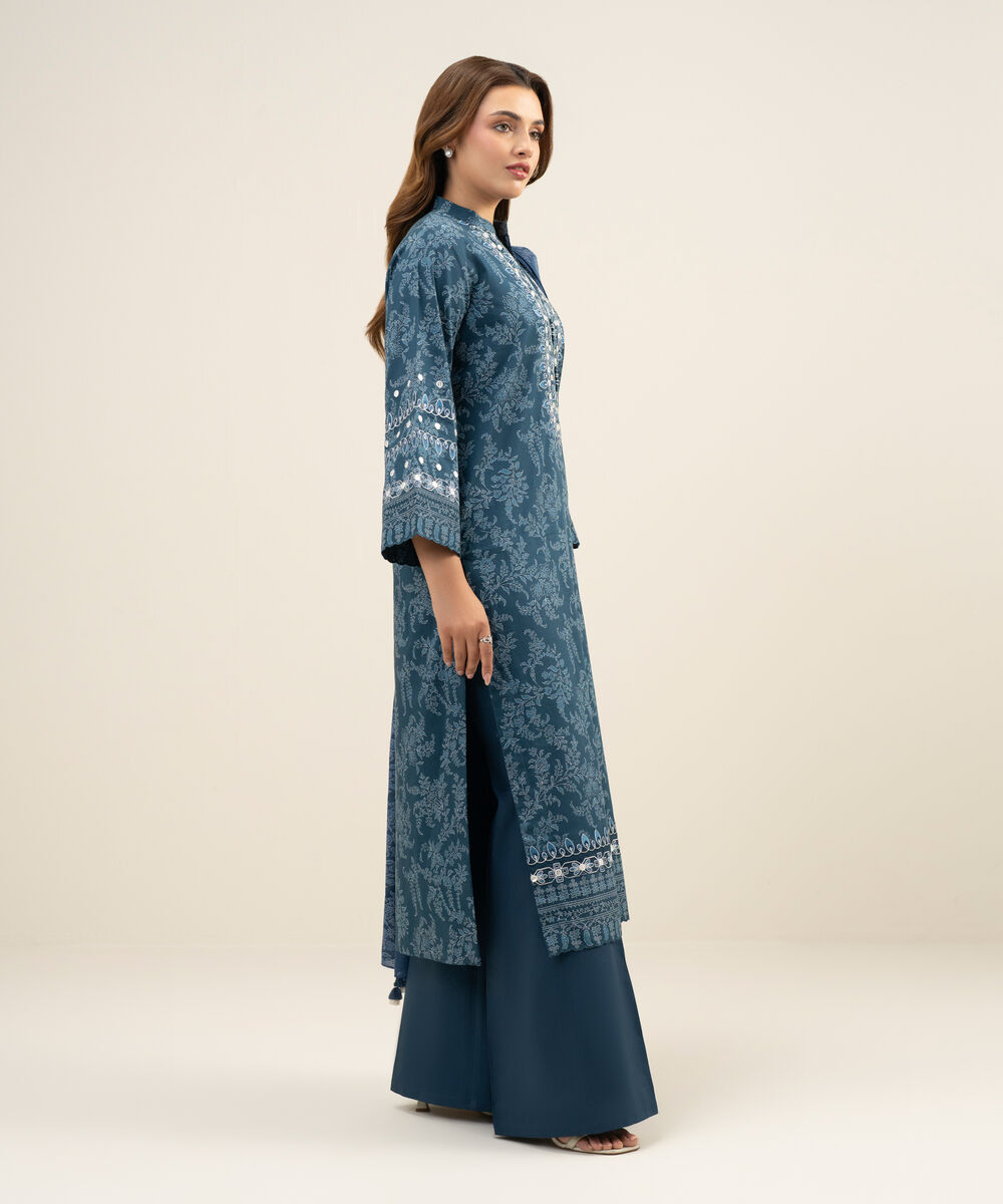 Women's Unstitched Lawn Embroidered Blue 3 Piece Suit