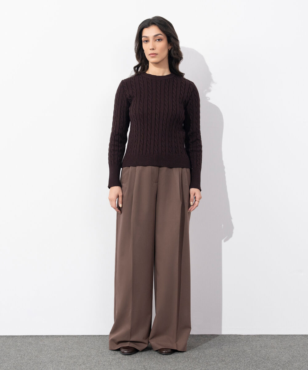 Women's Western Wear Brown Cable Knit Sweater