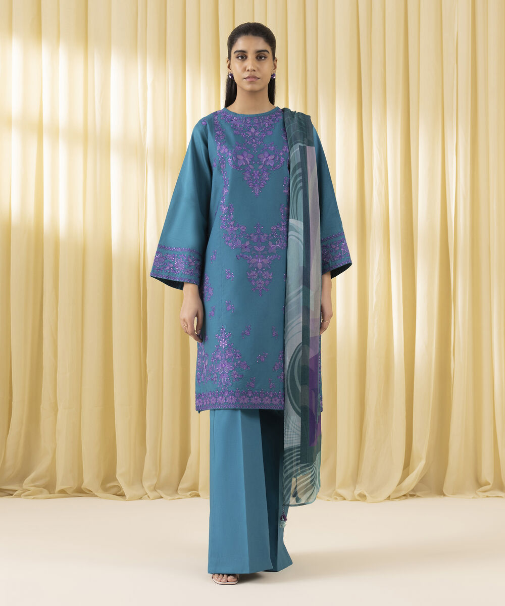 Unstitched Women's Blue Cotton Satin 3 Piece Suit