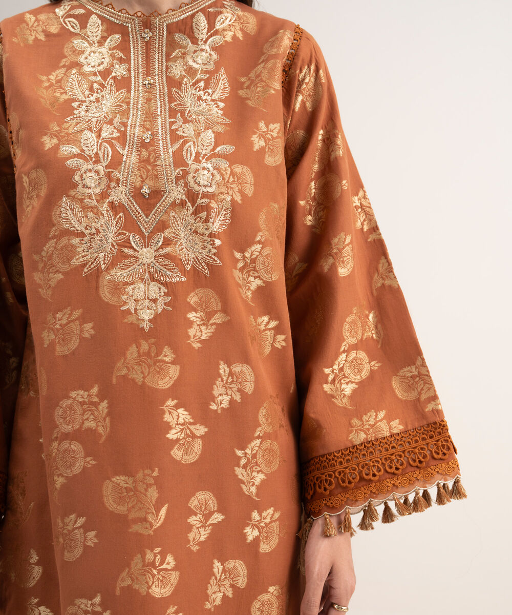 Women's Unstitched Extra Weft Jacquard Embroidered Orange 3 Piece Suit