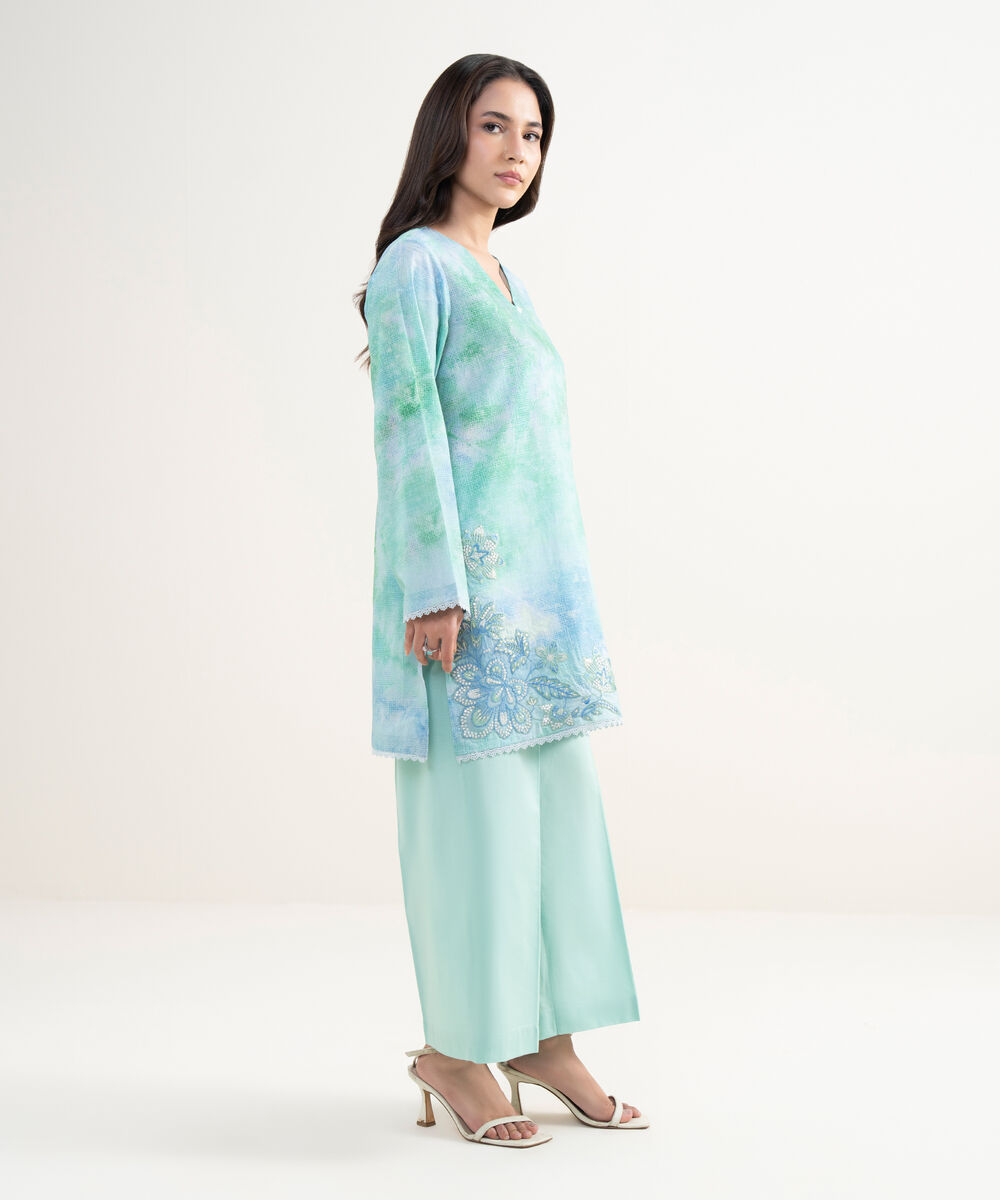 Women's RTW Lawn Embroidered Blue Straight Shirt