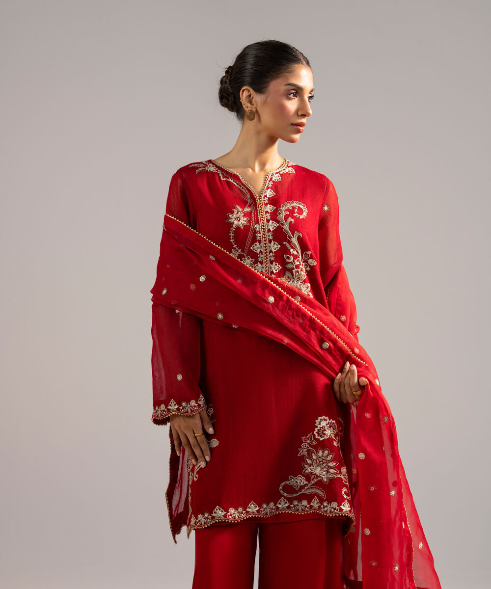 Women's RTW Khaddi Net Embroidered Red 3 Piece Suit