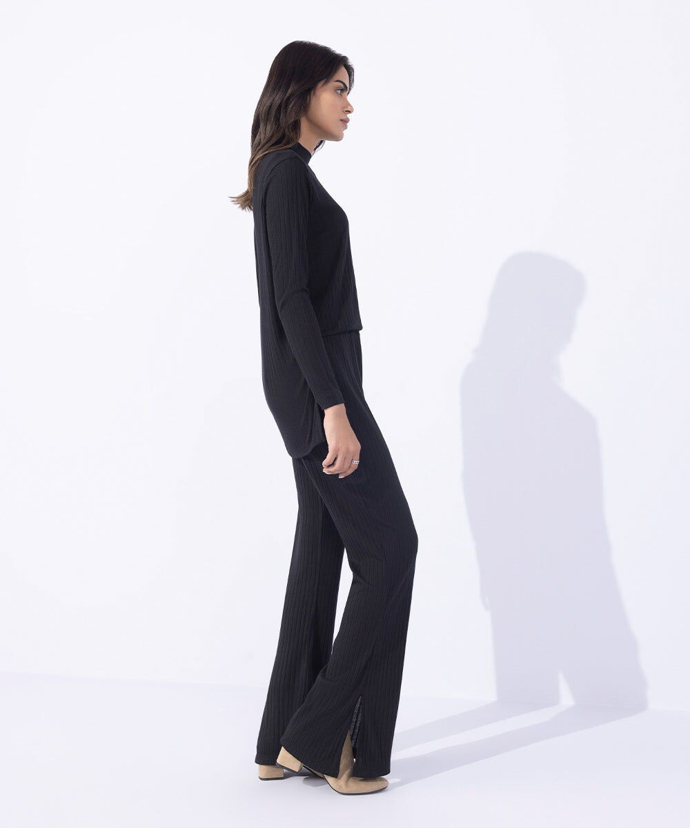 Woman - Black Ribbed Flared Trousers