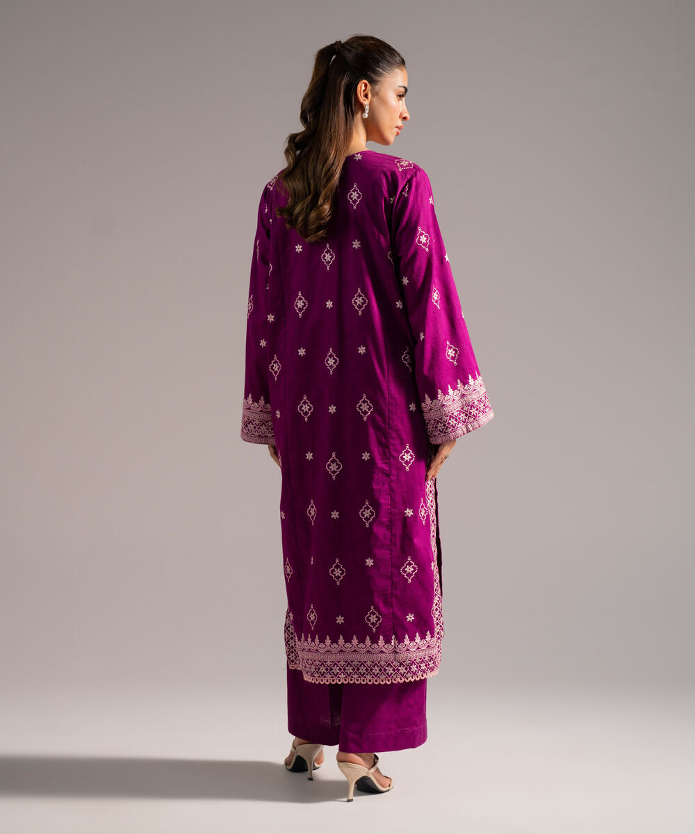 Women's RTW Self Jacquard Embroidered Purple 2 Piece Suit
