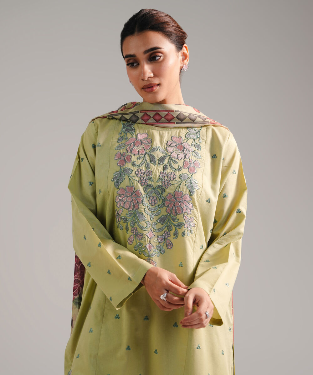Women's RTW Zari Lawn Embroidered Green 3 Piece Suit