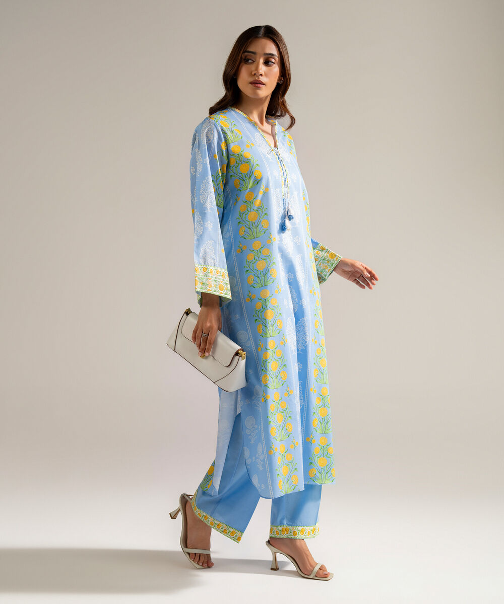 Women's RTW Slub Lawn Printed Blue Straight Shirt