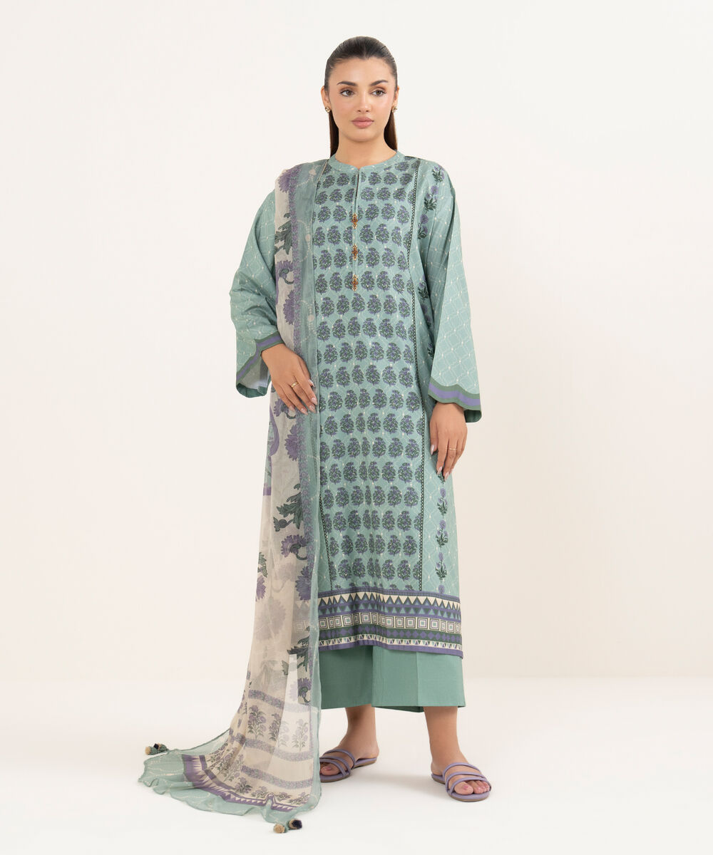 Women's Unstitched Cotton Printed Green Three Piece Suit