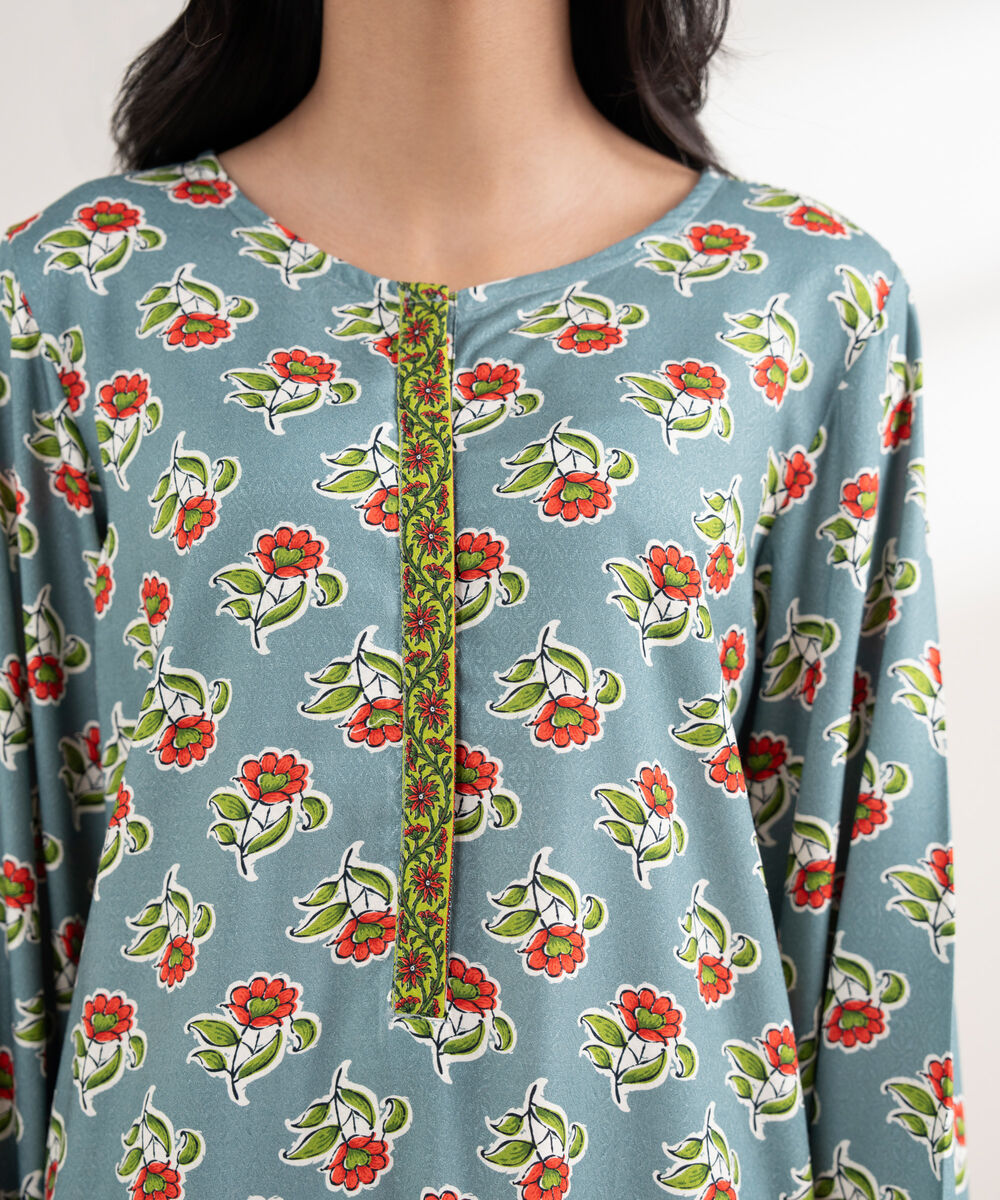 Women's RTW Arabic Dobby Printed Straight Grey Shirt