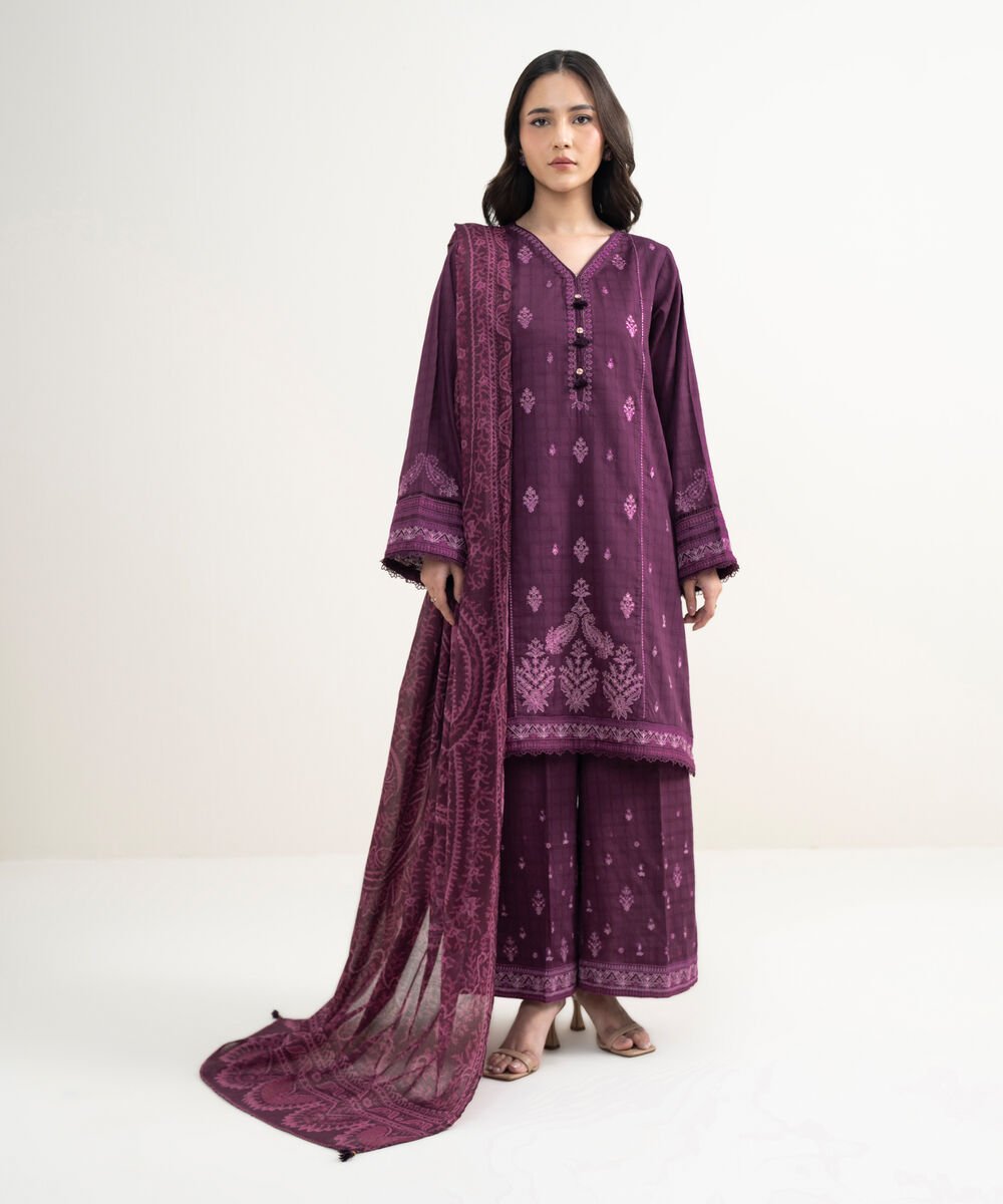 Women's RTW Dobby Embroidered Purple 3 Piece Suit