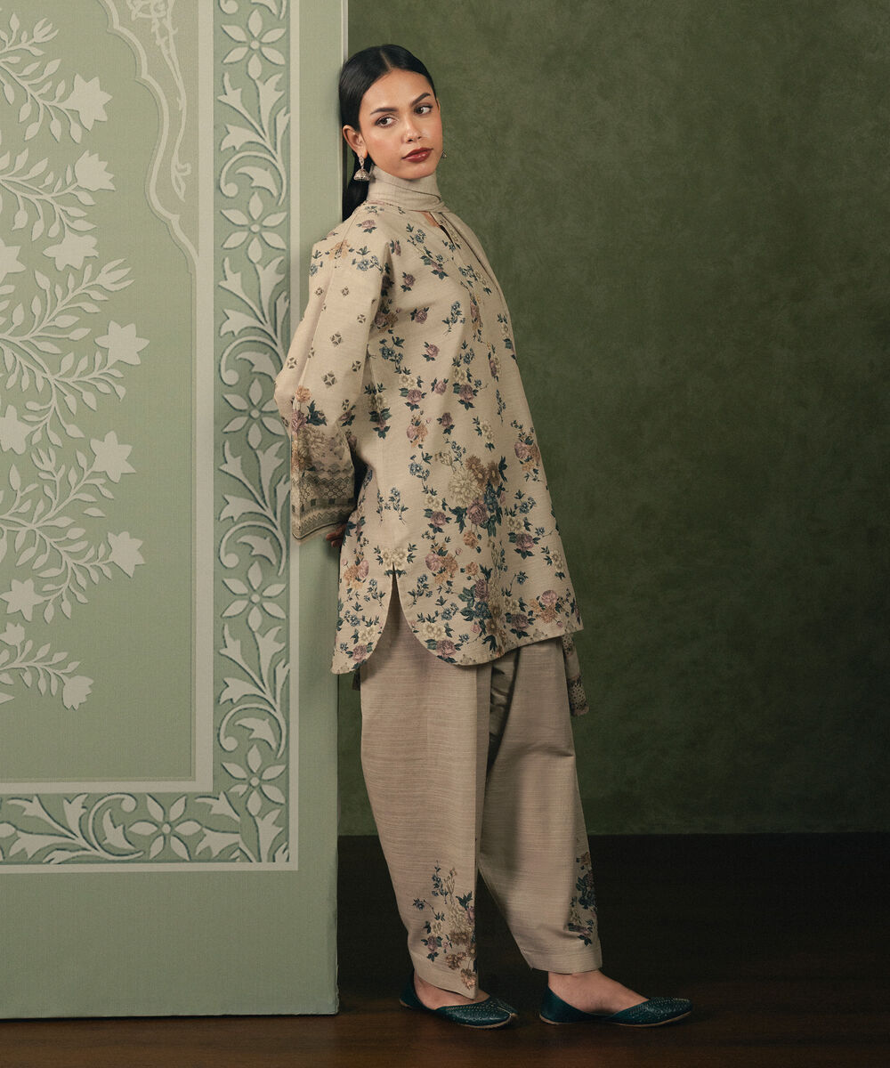 Women's Unstitched Cotton Printed Beige 3 Piece Suit