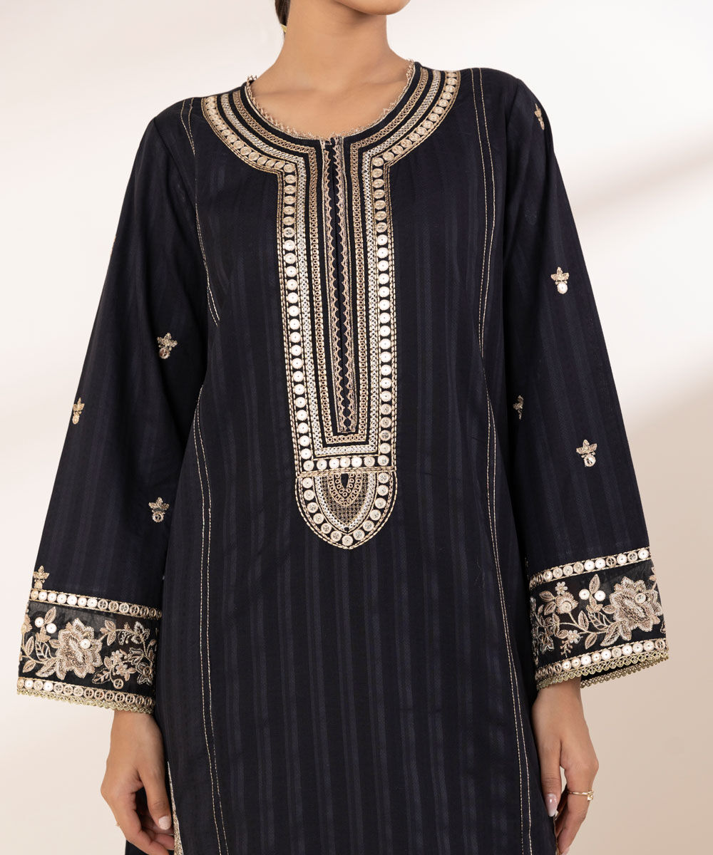 Women's RTW Dobby Black Embroidered A-Line Shirt