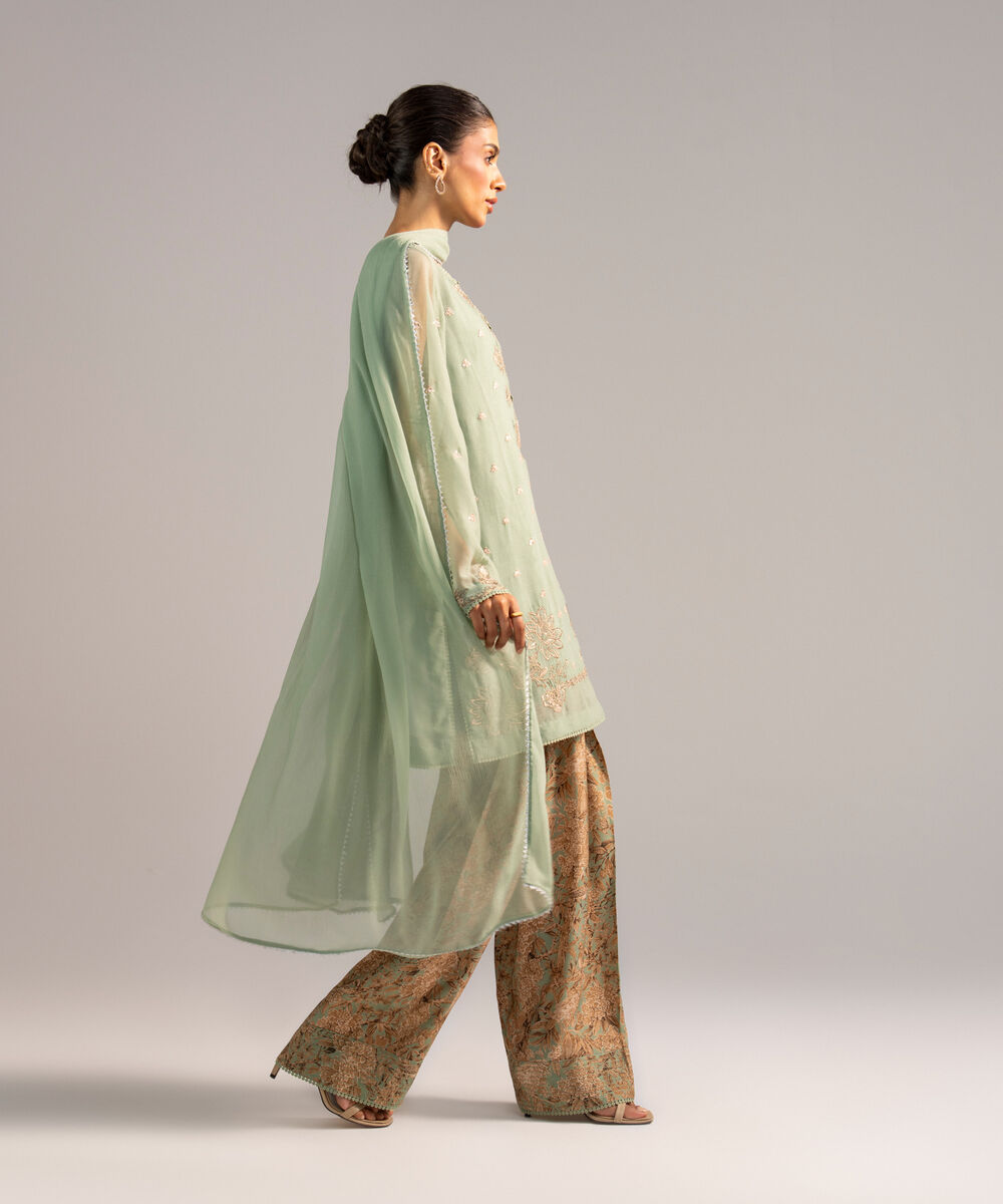 Women's RTW Chiffon Embroidered Green 3 Piece Suit