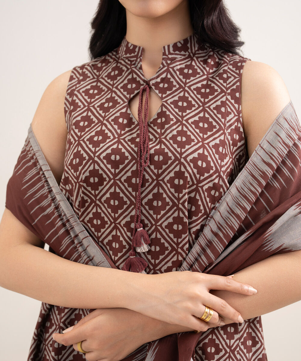 Women's Unstitched Lawn Printed Brown 3 Piece Suit