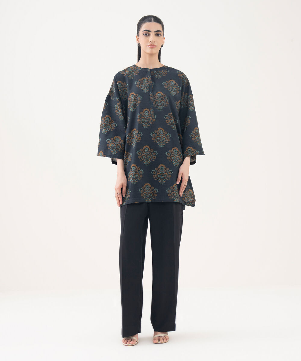 Women's RTW Cotton Viscose Blue Printed Drop Shoulder Shirt