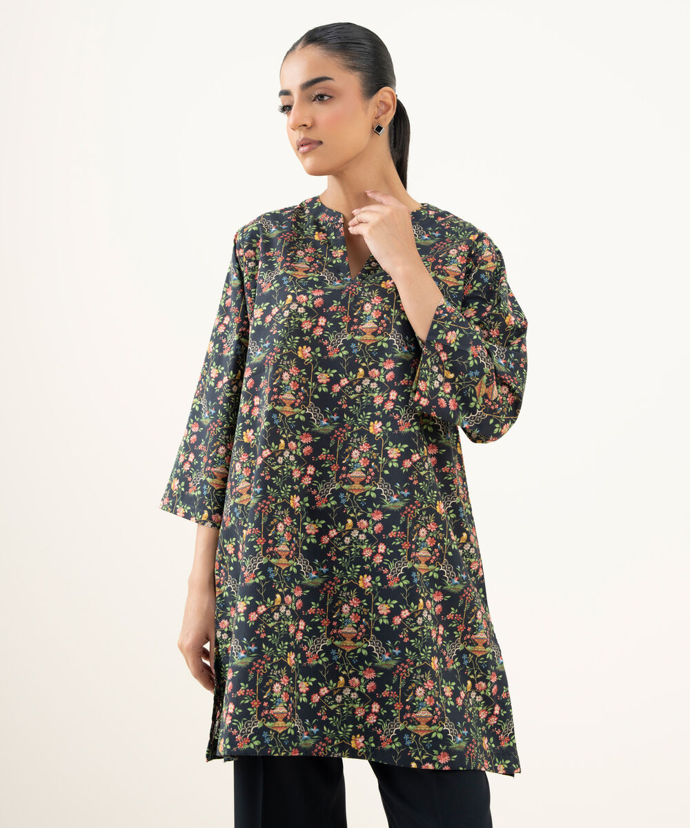 Women's RTW Cambric Printed Black Straight Shirt