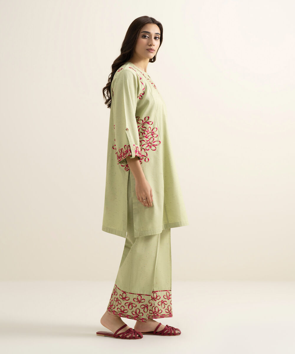 Women's RTW Multi Neps Embroidered Green Straight Shirt