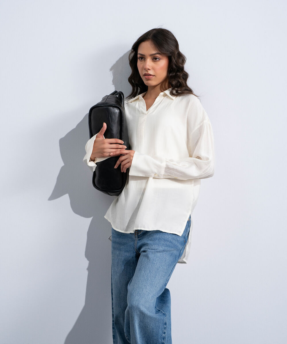 Women's Western White Textured V-Neck Top