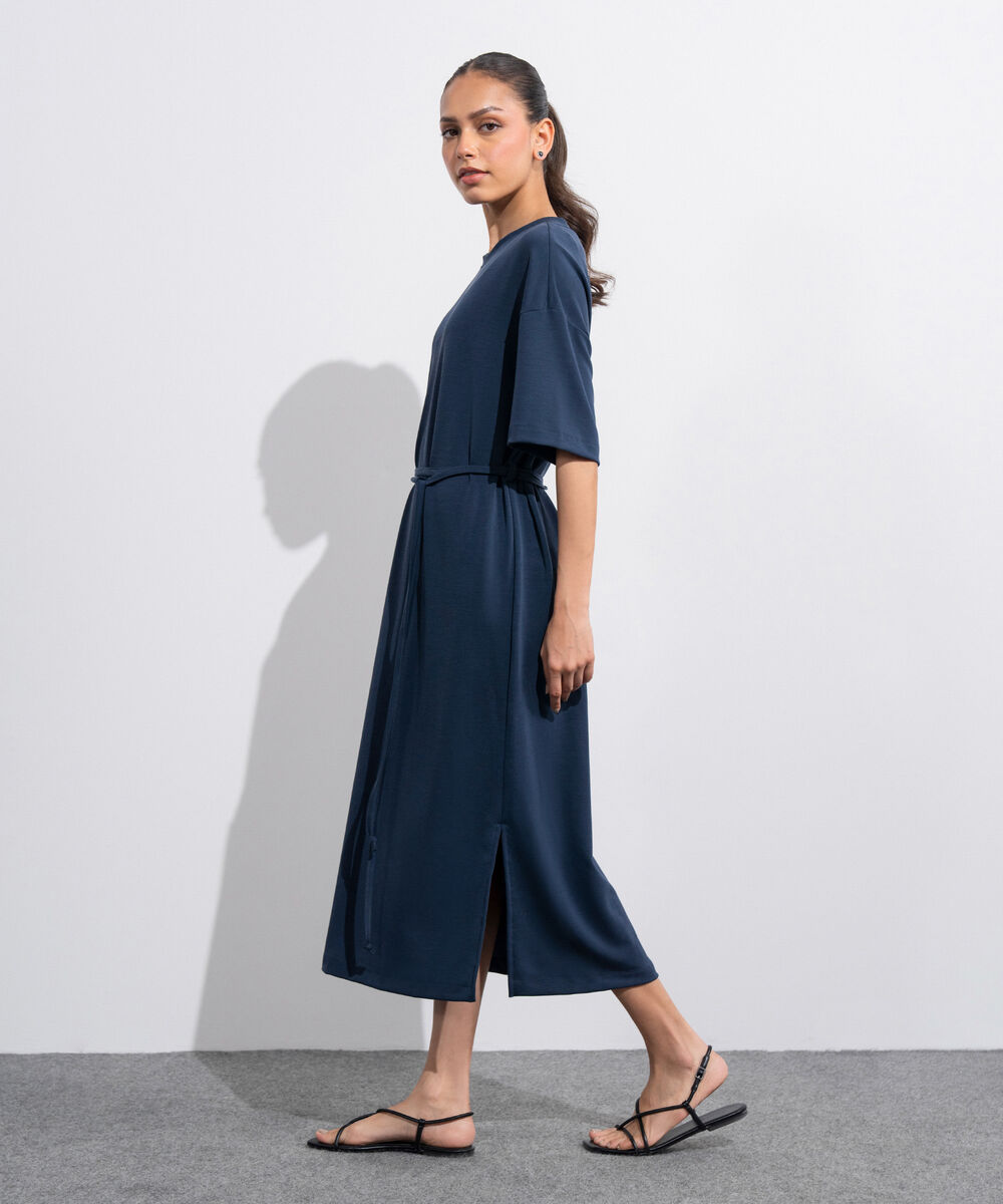 Women's Western Navy Blue Soft Lux  T-Shirt Dress With Belt