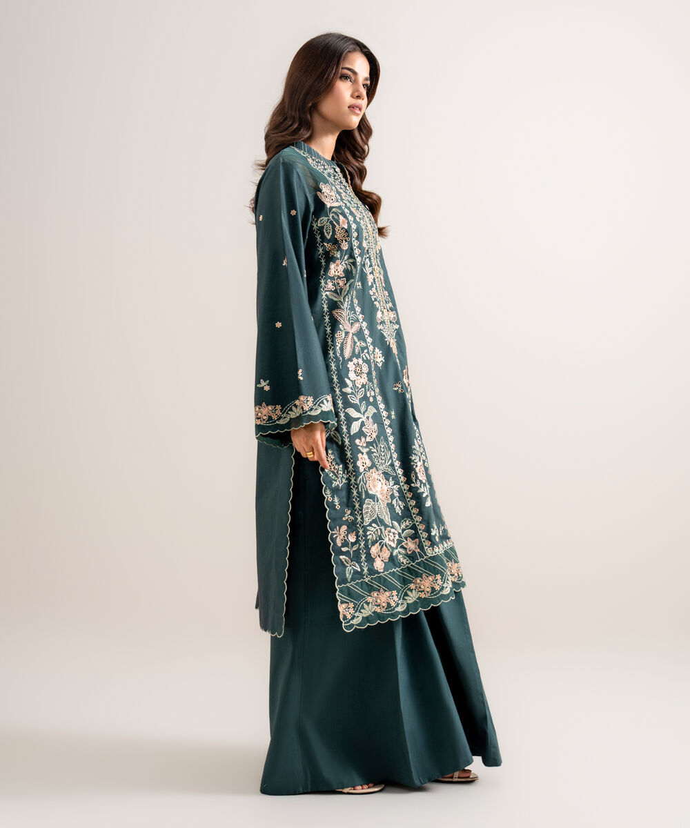 Women's Unstitched Embroidered Cotton Viscose Teal Green 3 Piece Suit