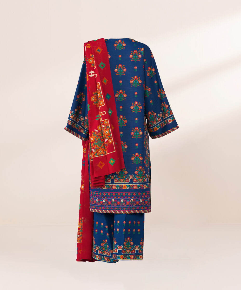 Women's Unstitched Khaddar Printed Blue  3 Piece Suit