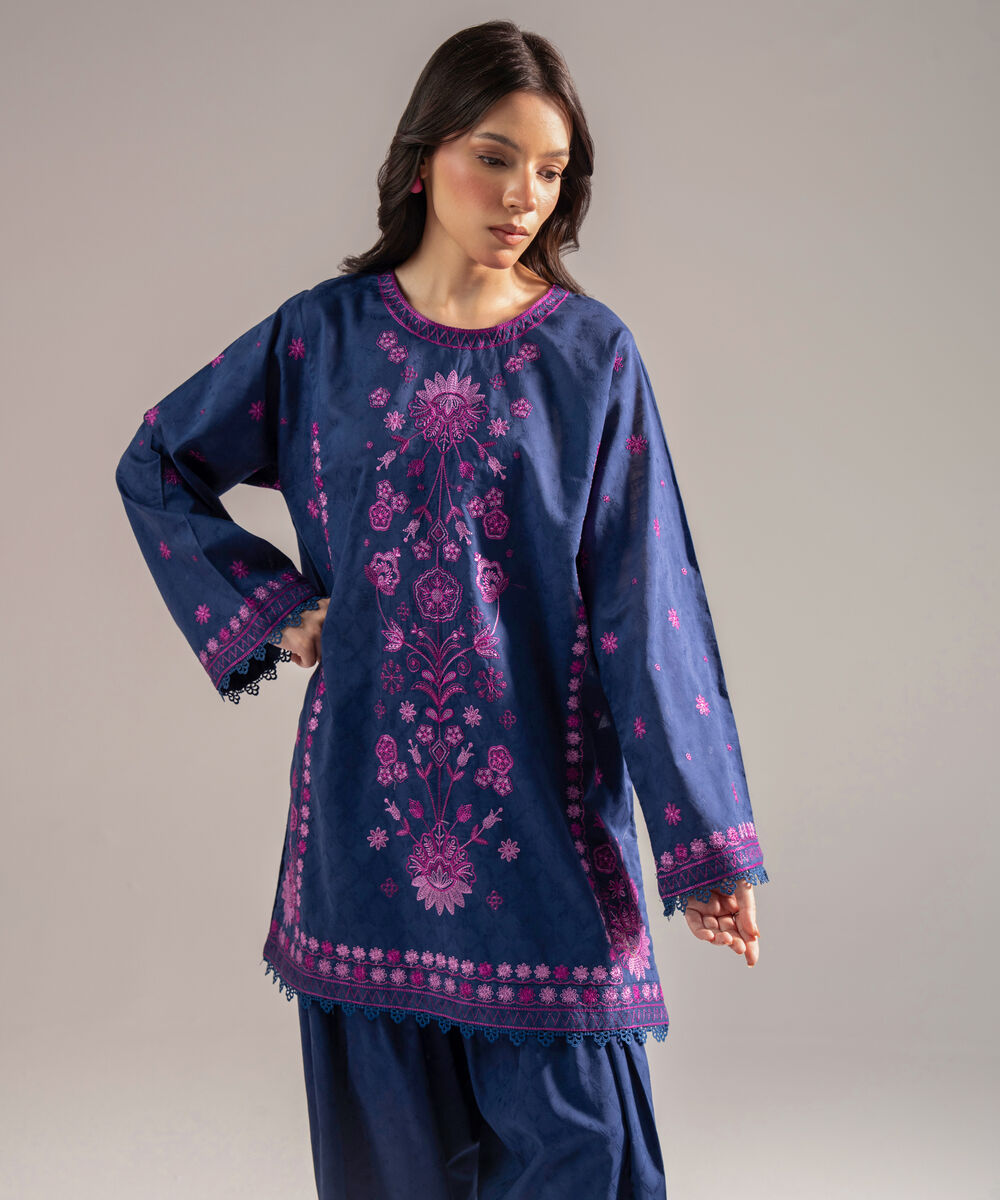 Women's RTW Self Jacquard Embroidered Dark Blue 2 Piece Suit