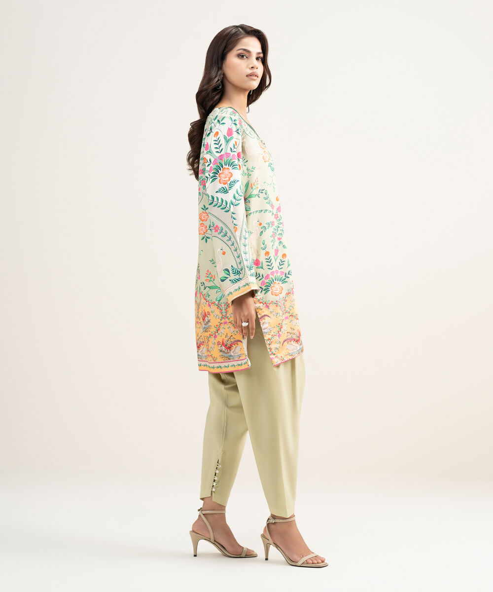 Women's RTW Premium Visocose Satin Embroidered Green Straight Shirt