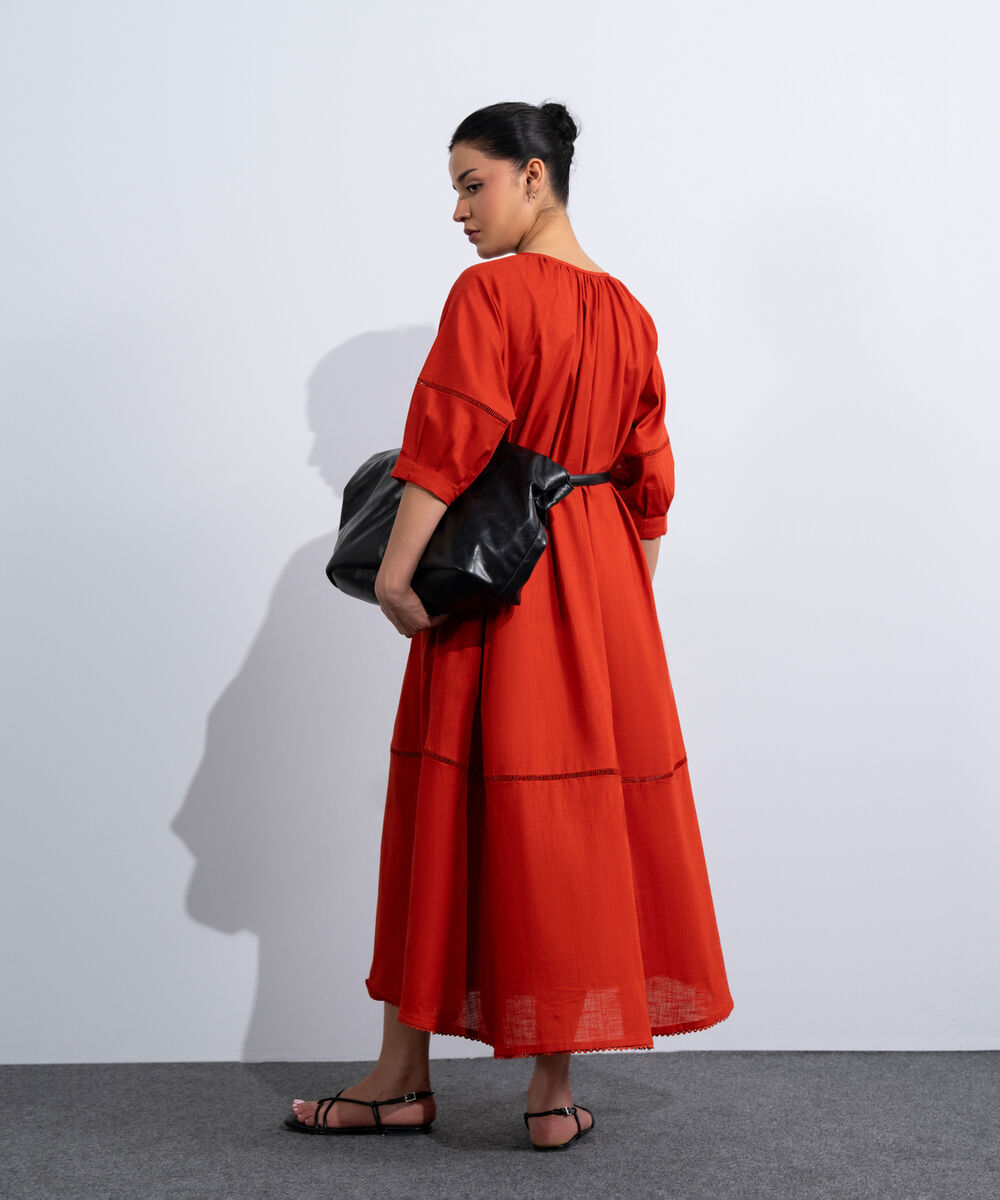 Women's Western Rust Orange Voluminous Maxi Dress