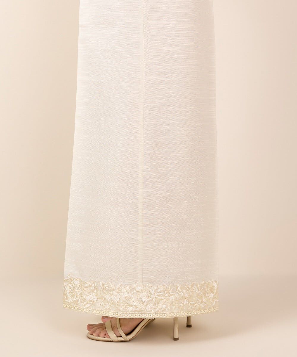 Woman - Off White Embroidered Khaddar Flared Pants
