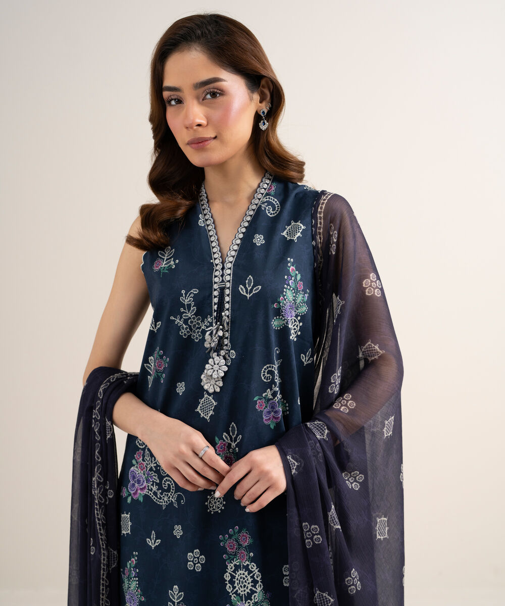 Women's Unstitched Lawn Embroidered Blue 3 Piece Suit