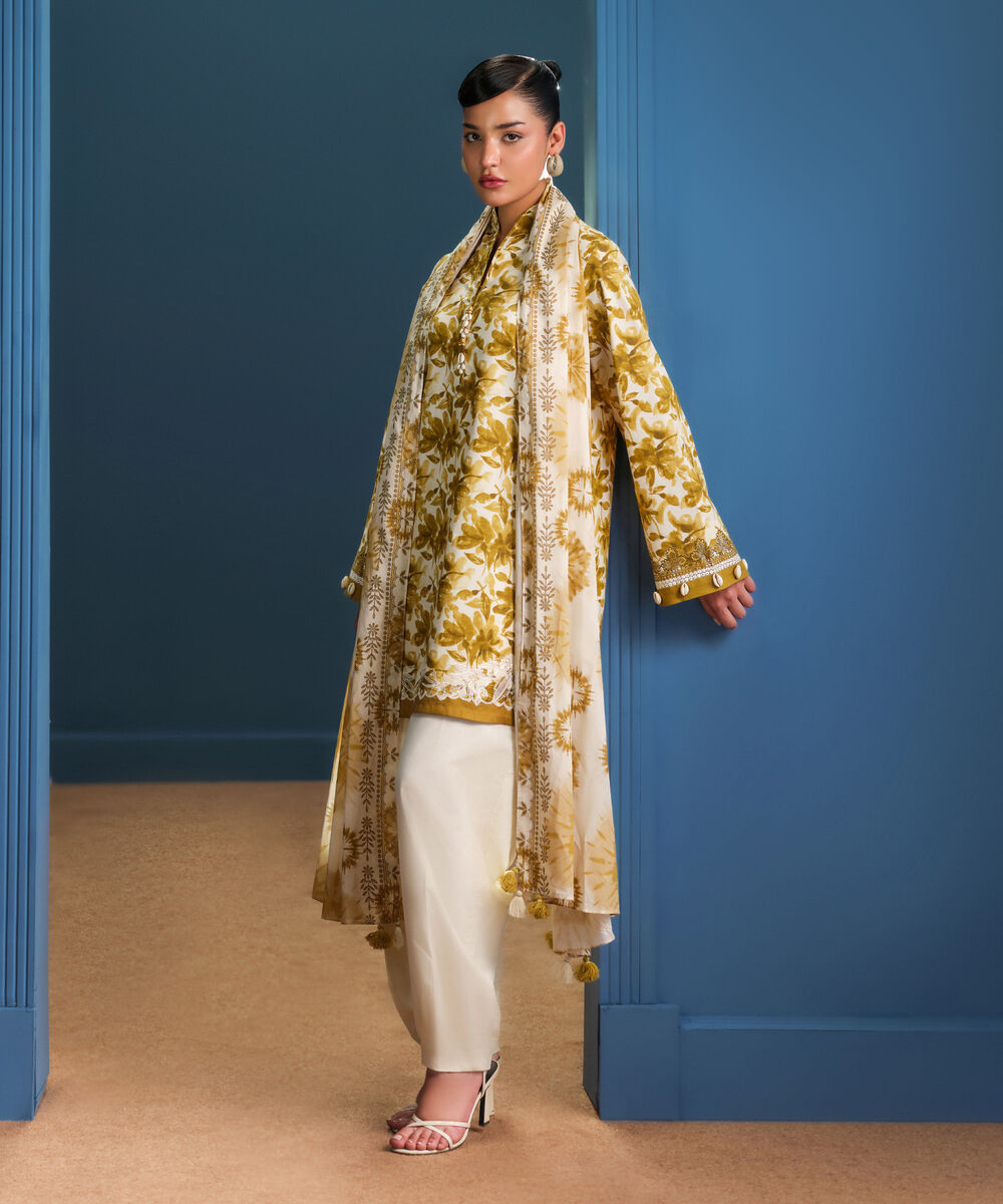 Women's Unstitched Lawn Embroidered Yellow and Off White 3 Piece Suit