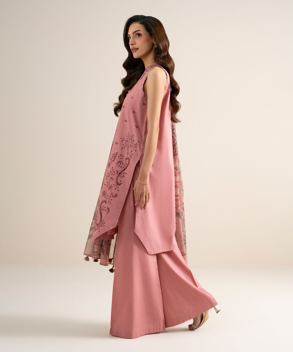 Women's Unstitched Slub Lawn Embroidered Pink 3 Piece Suit