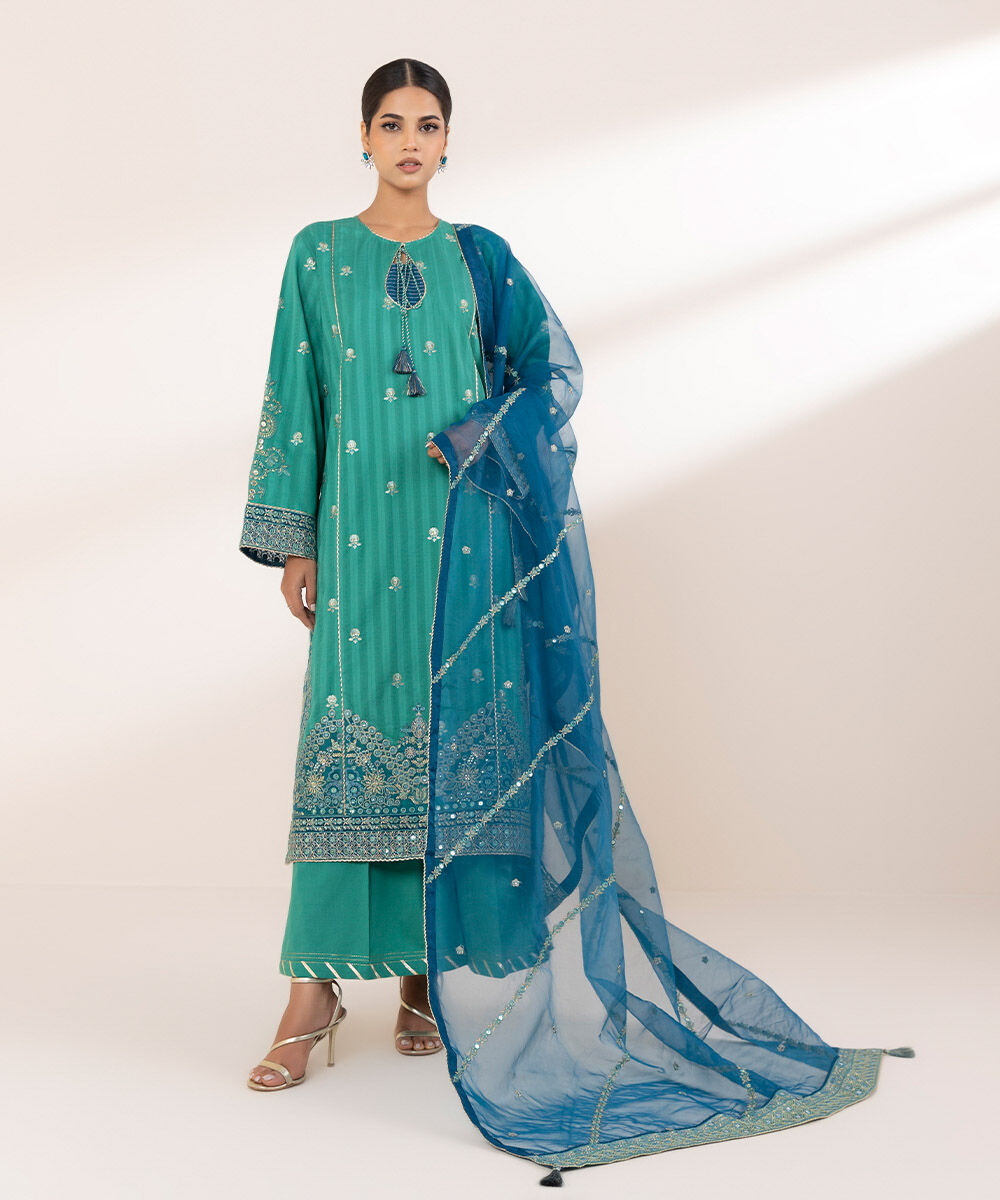 Women's RTW Dobby Green Embroidered A-Line Shirt