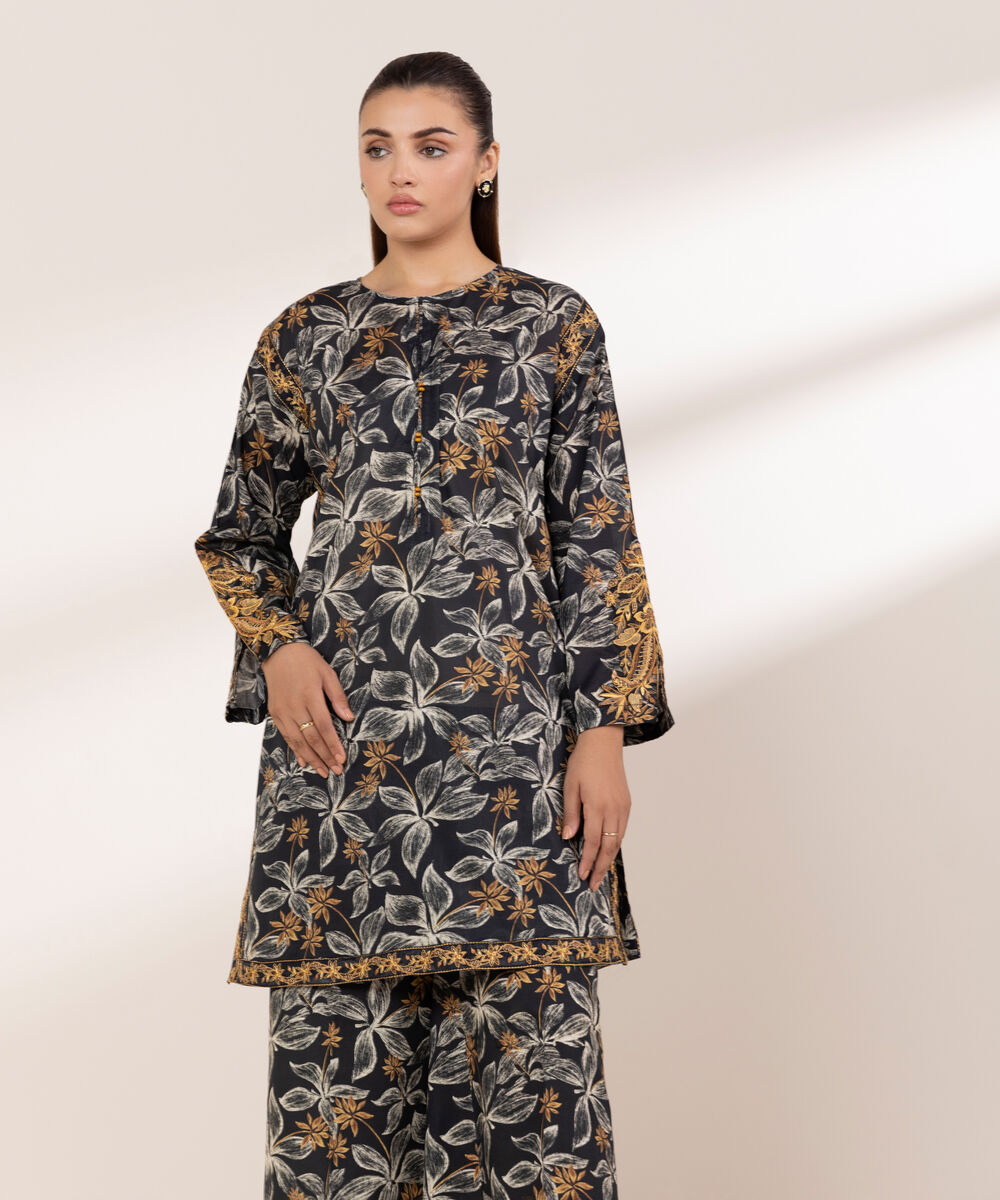 Women's RTW Lawn Black Embroidered Boxy Shirt