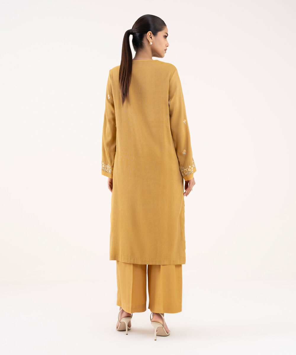 Women's RTW Khaddi Net Mustard Embroidered 2 Piece Suit