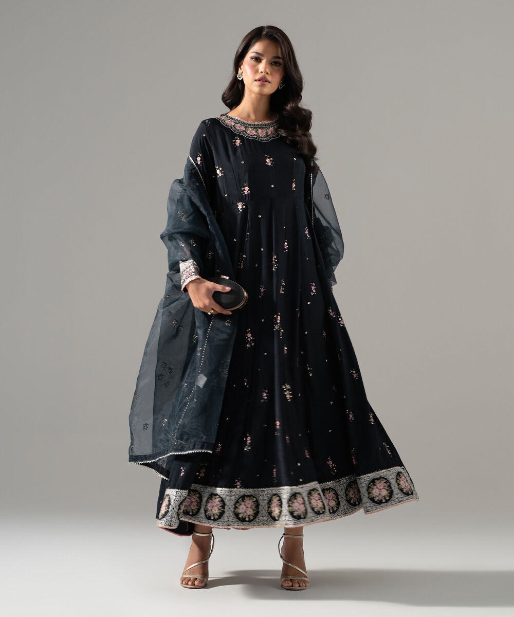 Women's RTW Bright Raw Silk Printed Black Shirt and Dupatta