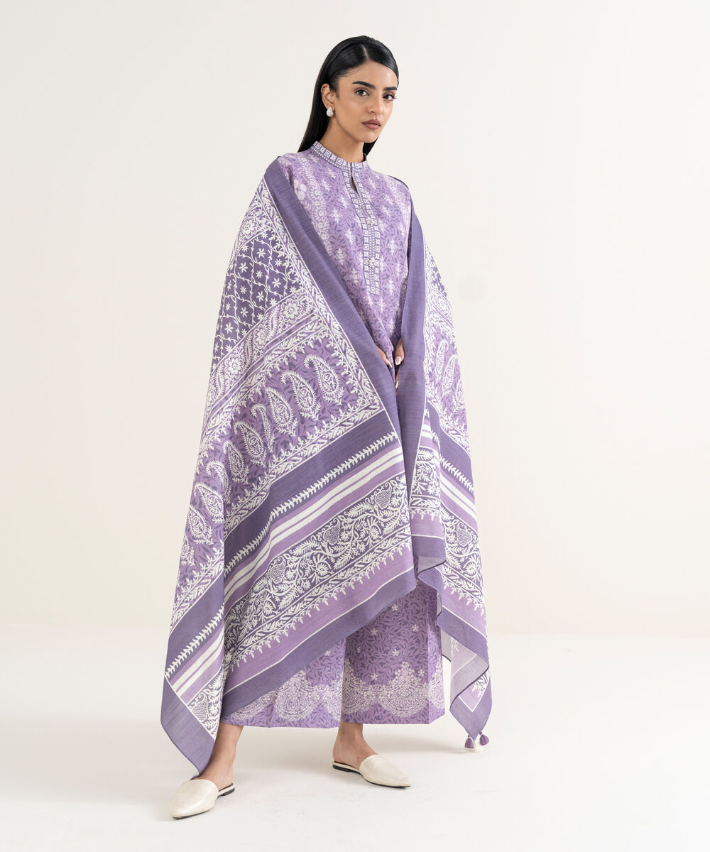 Women's Unstitched Printed Cotton Lilac and Off White 3 Piece Suit