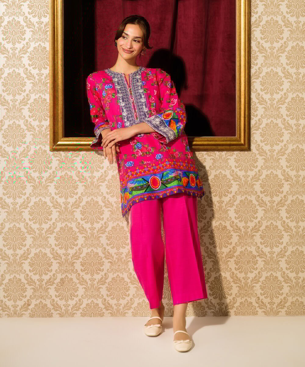 Embroidered Light Khaddar Shirt Women's RTW Light Khaddar Embroidered Pink Straight Shirt