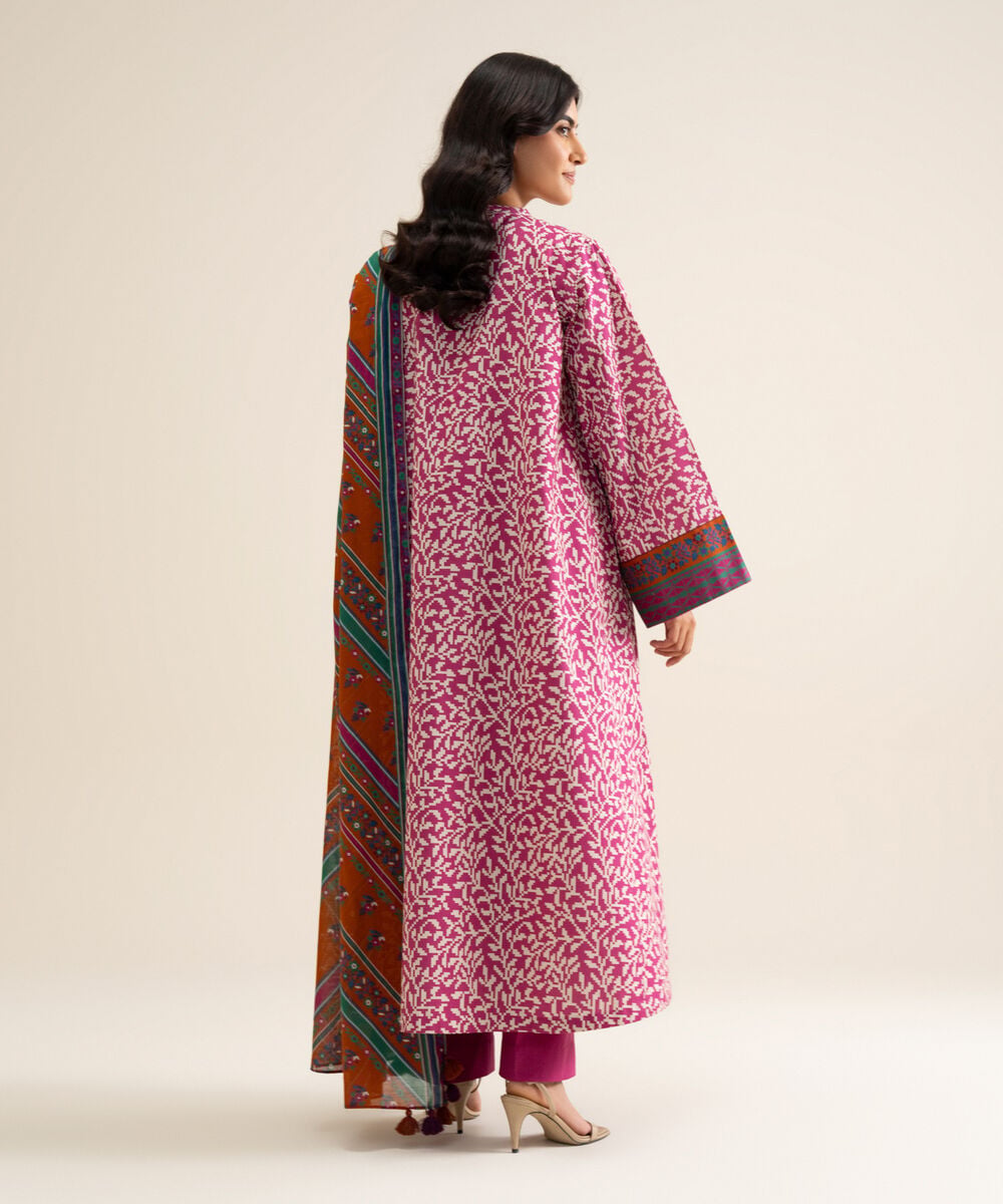 Women's Unstitched Cotton Printed Pink 3 Piece Suit