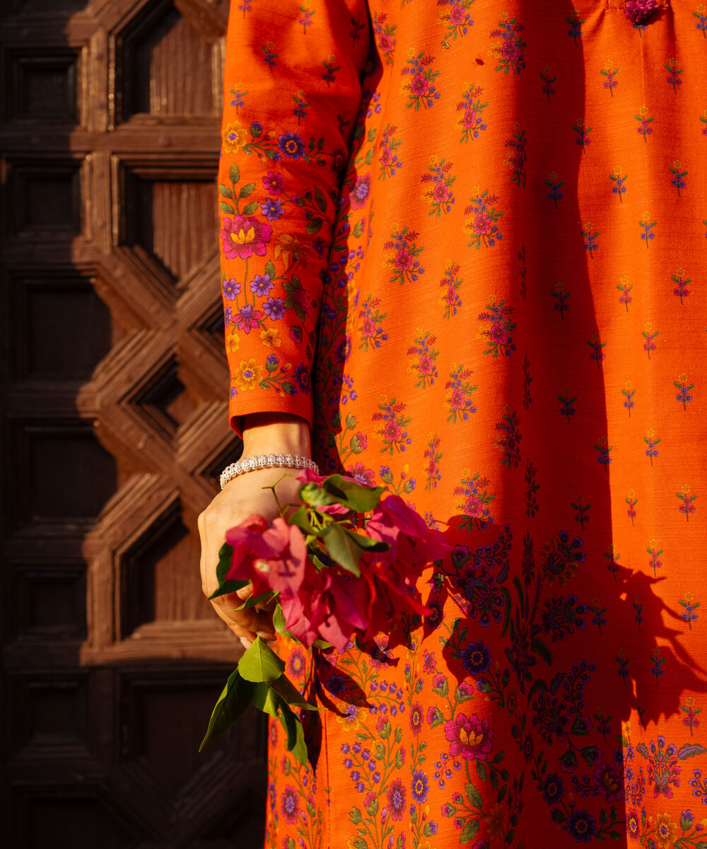 Women's Unstitched Khaddar Printed Orange   3 Piece Suit