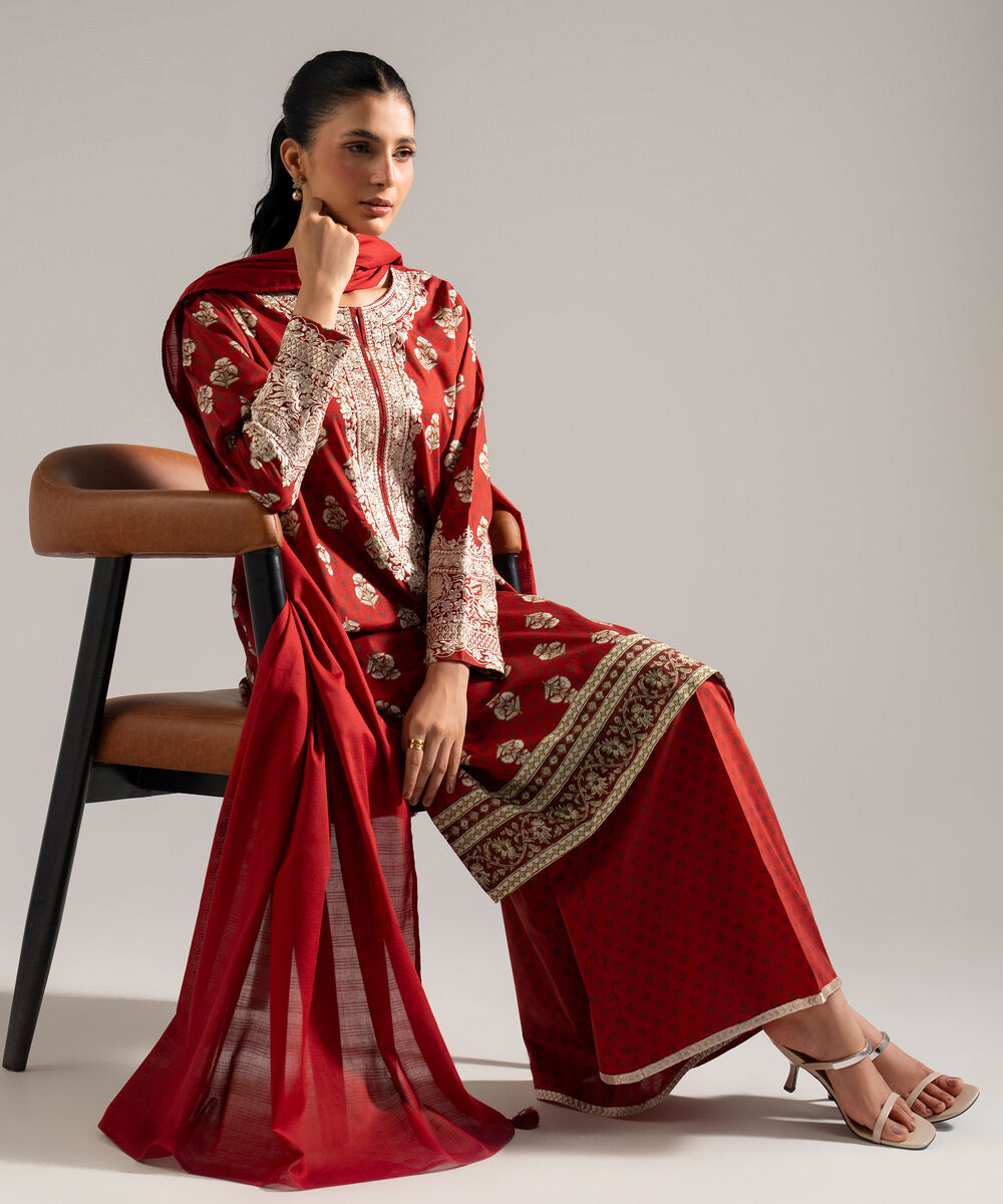 Women's RTW Lawn Embroidered Red 3 Piece Suit