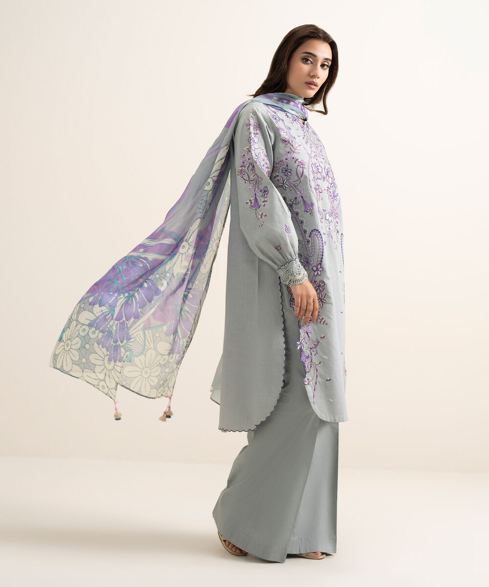 Women's Unstitched Textured Lawn Embroidered Grey 3 Piece Suit