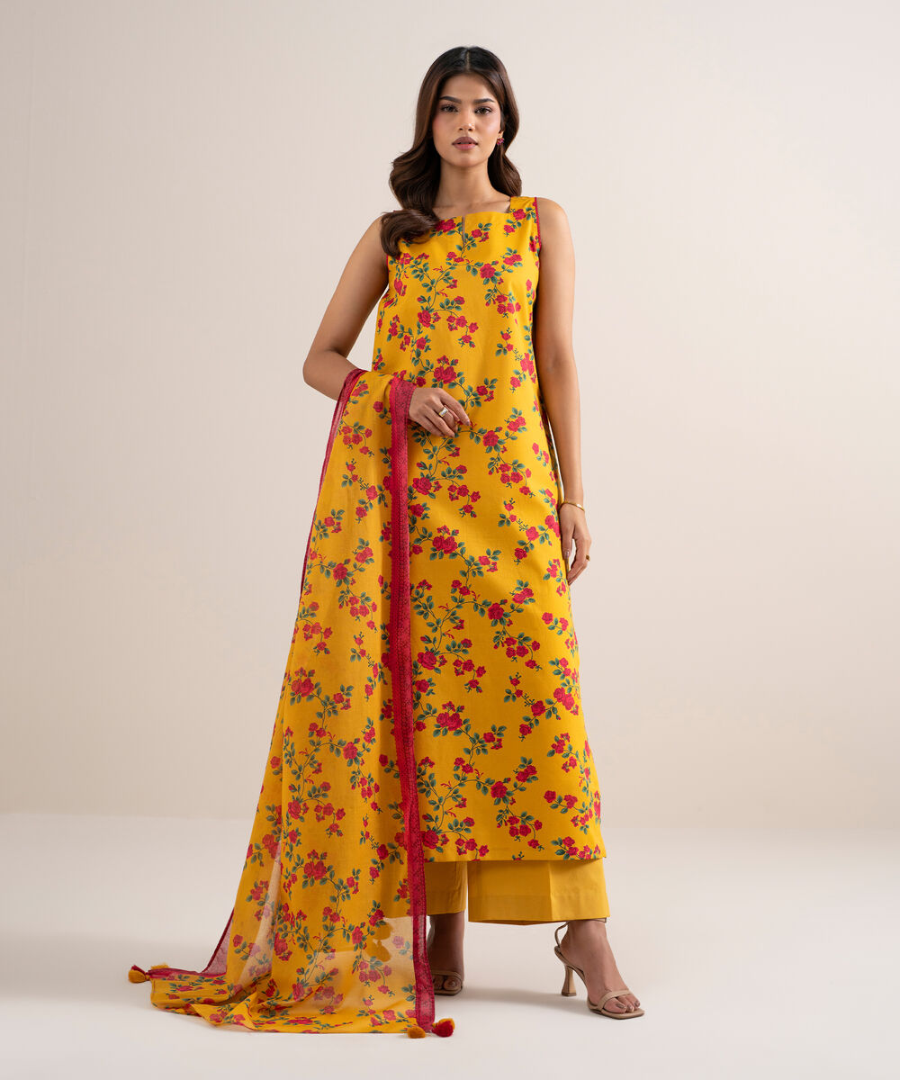 Women's Unstitched Lawn Printed Yellow 3 Piece Suit